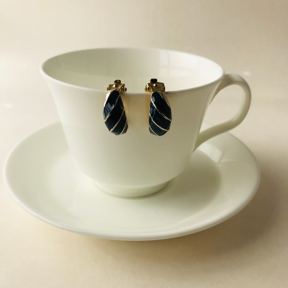 Retro Navy Blue Enamel Gold Stripe Clip-On Hoops